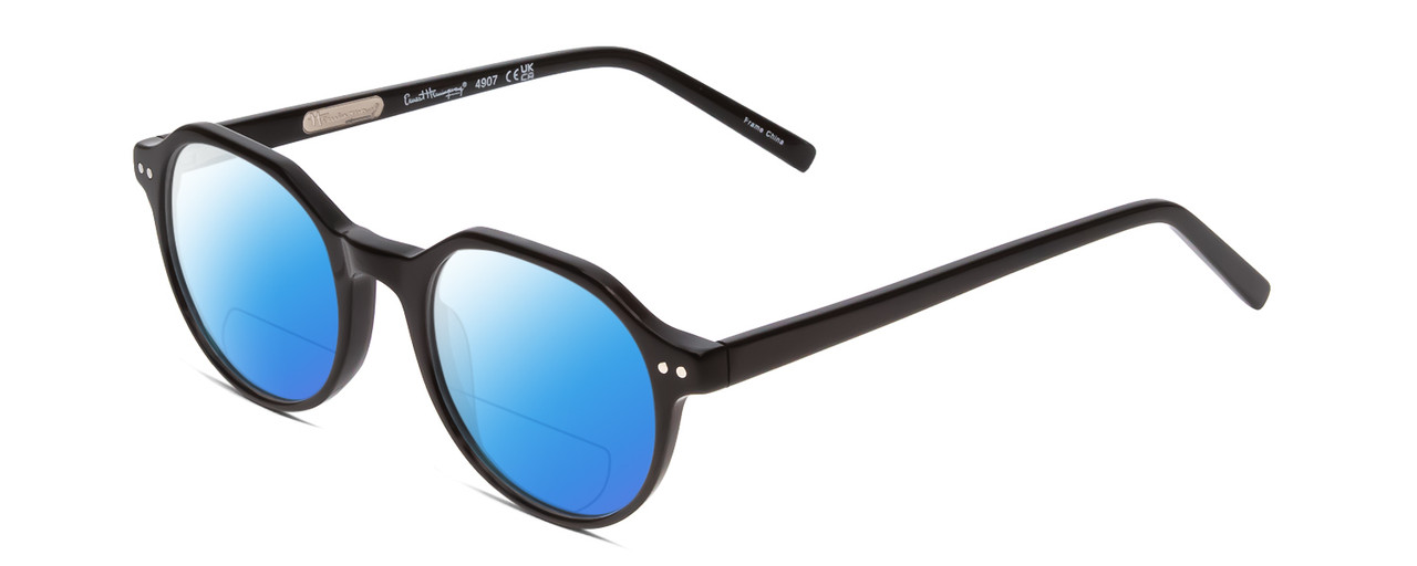 Profile View of Ernest Hemingway H4907 Designer Polarized Reading Sunglasses with Custom Cut Powered Blue Mirror Lenses in Black Ladies Round Full Rim Acetate 48 mm