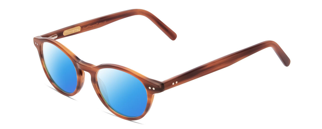 Profile View of Ernest Hemingway H4912 Designer Polarized Sunglasses with Custom Cut Blue Mirror Lenses in Blonde Amber Brown Marbled Lines/Silver Accents Unisex Round Full Rim Acetate 47 mm