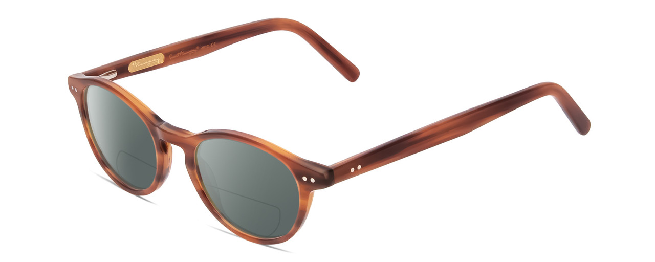 Profile View of Ernest Hemingway H4912 Designer Polarized Reading Sunglasses with Custom Cut Powered Smoke Grey Lenses in Blonde Amber Brown Marbled Lines/Silver Accents Unisex Round Full Rim Acetate 47 mm