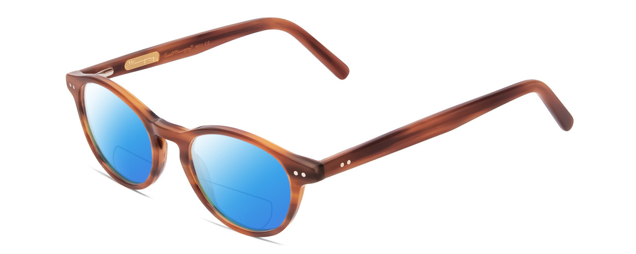 Profile View of Ernest Hemingway H4912 Designer Polarized Reading Sunglasses with Custom Cut Powered Blue Mirror Lenses in Blonde Amber Brown Marbled Lines/Silver Accents Unisex Round Full Rim Acetate 47 mm