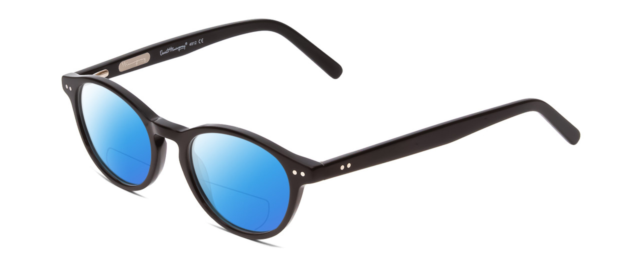 Profile View of Ernest Hemingway H4912 Designer Polarized Reading Sunglasses with Custom Cut Powered Blue Mirror Lenses in Gloss Black/Silver Accents Unisex Round Full Rim Acetate 47 mm
