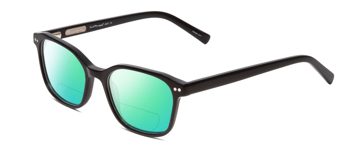 Profile View of Ernest Hemingway H4867 Designer Polarized Reading Sunglasses with Custom Cut Powered Green Mirror Lenses in Gloss Black/Silver Accents Unisex Cateye Full Rim Acetate 50 mm