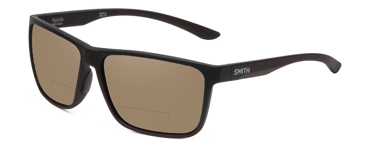 Profile View of Smith Optics Riptide Designer Polarized Reading Sunglasses with Custom Cut Powered Amber Brown Lenses in Matte Black Unisex Rectangle Full Rim Acetate 57 mm