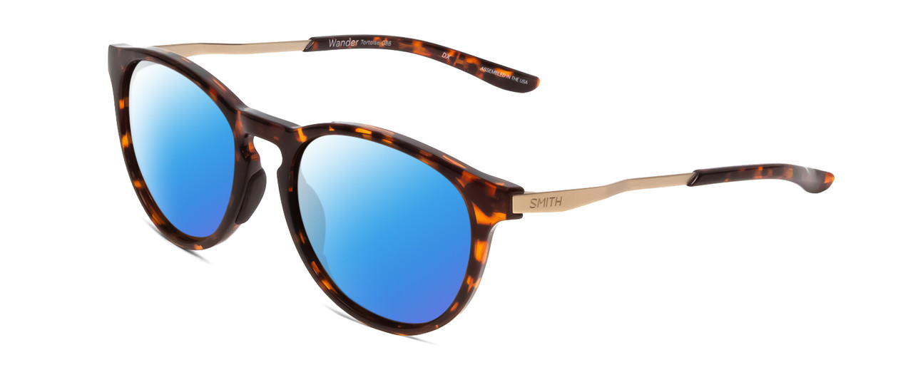 Profile View of Smith Optics Wander Designer Polarized Sunglasses with Custom Cut Blue Mirror Lenses in Tortoise Havana Brown Gold Unisex Round Full Rim Acetate 55 mm