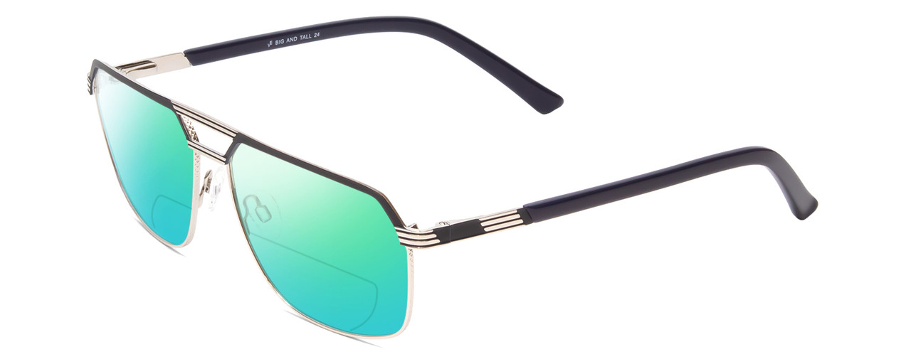 Profile View of Big and Tall 24 Designer Polarized Reading Sunglasses with Custom Cut Powered Green Mirror Lenses in Dark Navy Blue/Silver Gunmetal Unisex Pilot Full Rim Metal 60 mm