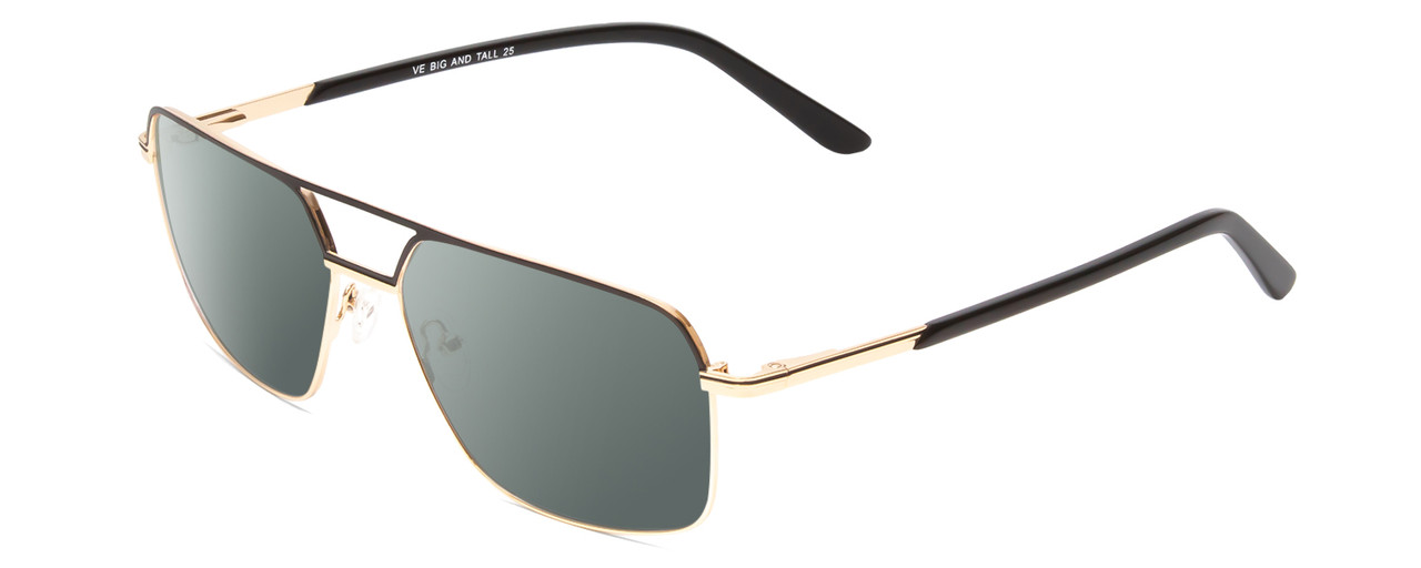 Profile View of Big and Tall 25 Designer Polarized Sunglasses with Custom Cut Smoke Grey Lenses in Matte Black/Shiny Gold Unisex Pilot Full Rim Metal 60 mm