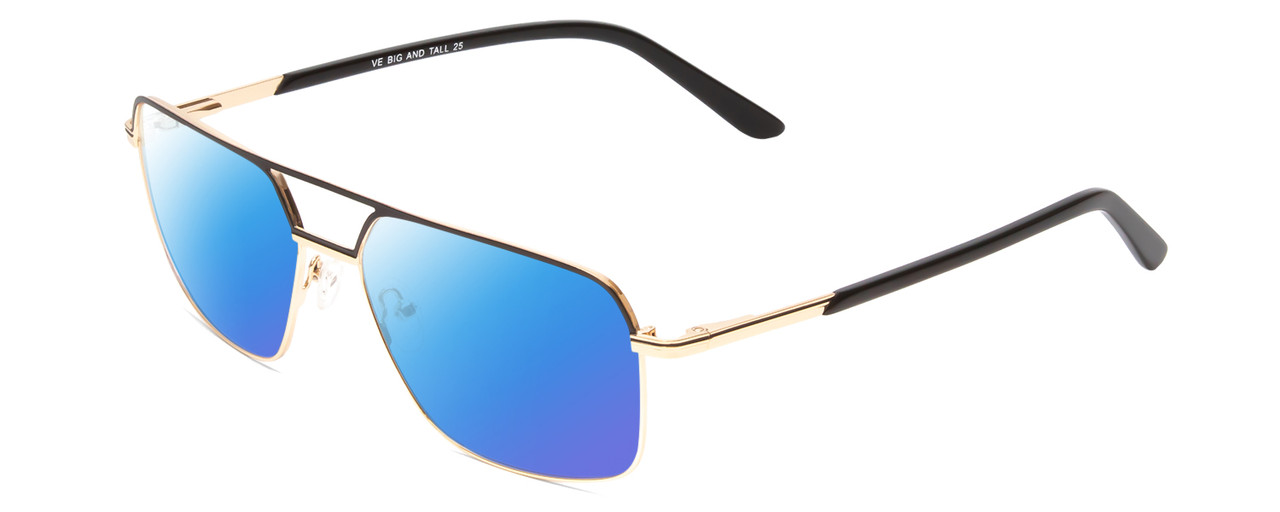 Profile View of Big and Tall 25 Designer Polarized Sunglasses with Custom Cut Blue Mirror Lenses in Matte Black/Shiny Gold Unisex Aviator Full Rim Metal 60 mm