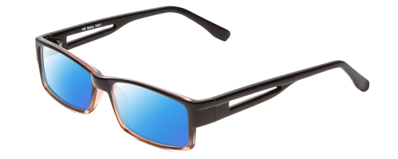 Profile View of Soho 1001 Designer Polarized Sunglasses with Custom Cut Blue Mirror Lenses in Shiny Black/Grey Crystal Ladies Rectangle Full Rim Acetate 55 mm