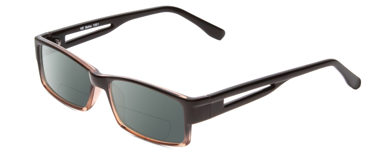 Profile View of Soho 1001 Designer Polarized Reading Sunglasses with Custom Cut Powered Smoke Grey Lenses in Shiny Black/Grey Crystal Ladies Rectangle Full Rim Acetate 55 mm