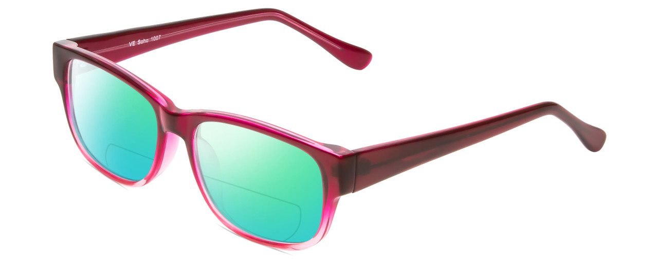 Profile View of Soho 1007 Designer Polarized Reading Sunglasses with Custom Cut Powered Green Mirror Lenses in Purple Fuchia Pink Crystal Ladies Cateye Full Rim Acetate 52 mm