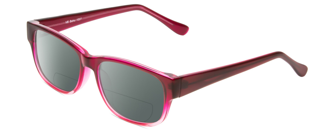 Profile View of Soho 1007 Designer Polarized Reading Sunglasses with Custom Cut Powered Smoke Grey Lenses in Purple Fuchia Pink Crystal Ladies Cateye Full Rim Acetate 52 mm