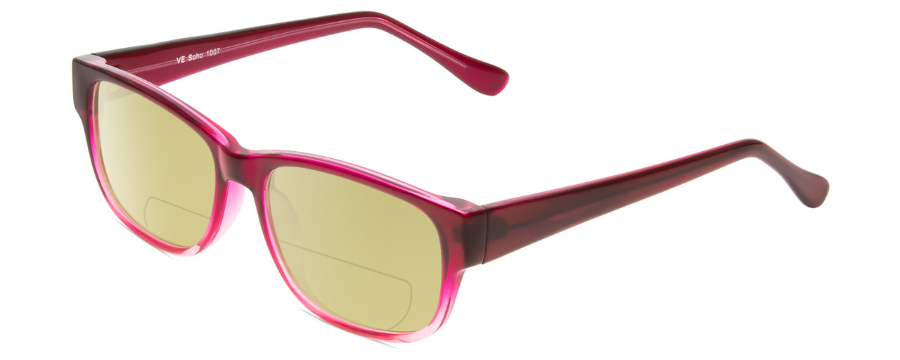 Profile View of Soho 1007 Designer Polarized Reading Sunglasses with Custom Cut Powered Sun Flower Yellow Lenses in Purple Fuchia Pink Crystal Ladies Cateye Full Rim Acetate 52 mm
