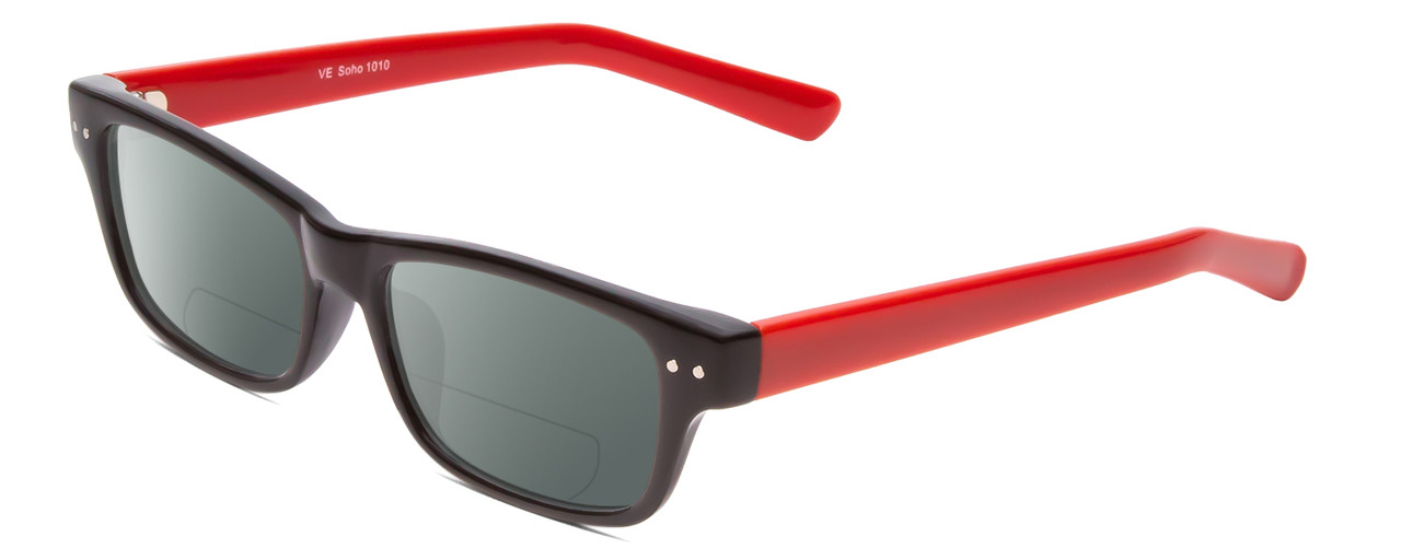 Profile View of Soho 1010 Designer Polarized Reading Sunglasses with Custom Cut Powered Smoke Grey Lenses in Black/Red Unisex Classic Full Rim Acetate 50 mm