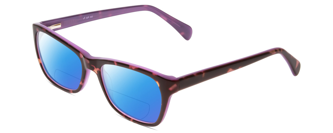 Profile View of Splash 60 Designer Polarized Reading Sunglasses with Custom Cut Powered Blue Mirror Lenses in Demi Tortoise Lilac Purple  Ladies Cateye Full Rim Acetate 53 mm