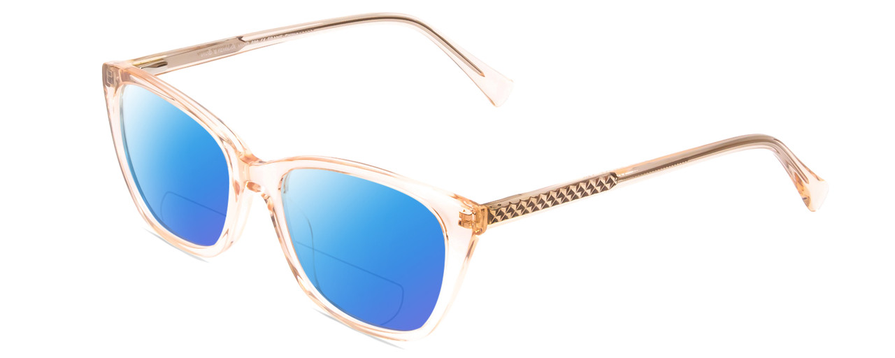 Profile View of Vivid 886 Designer Polarized Reading Sunglasses with Custom Cut Powered Blue Mirror Lenses in Shiny Crystal Light Brown Ladies Cateye Full Rim Acetate 53 mm