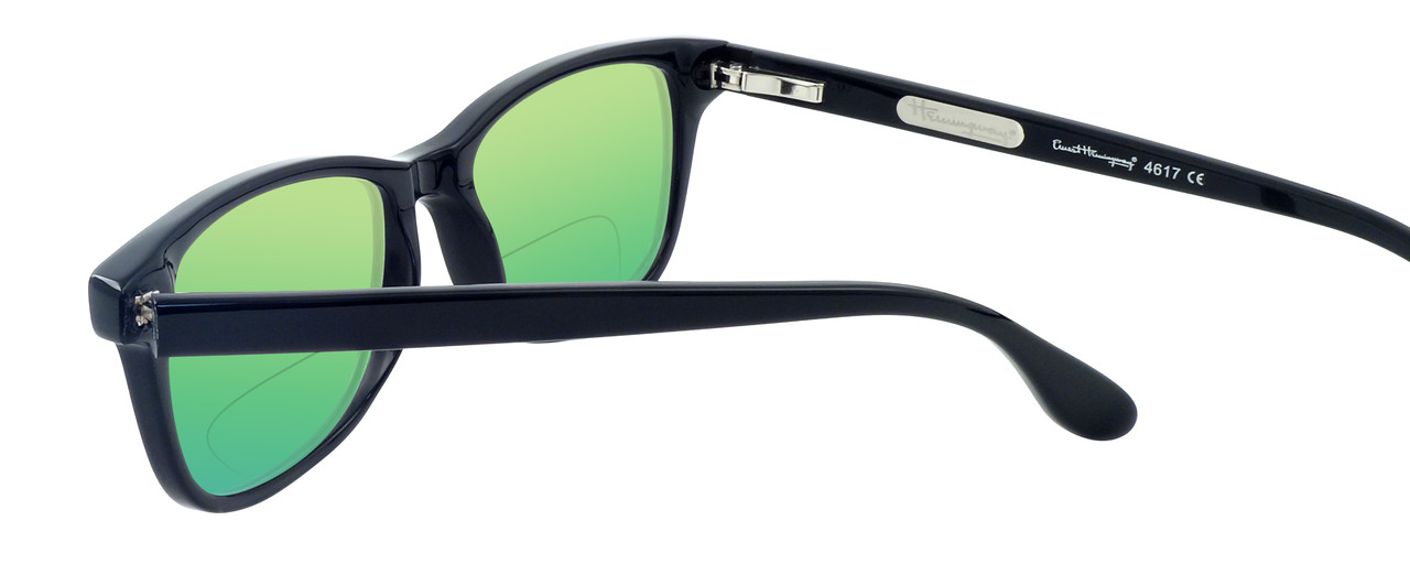 Close View of Ernest Hemingway H4617 Designer Polarized Reading Sunglasses with Custom Cut Powered Green Mirror Lenses in Matte Black Unisex Cateye Full Rim Acetate 56 mm