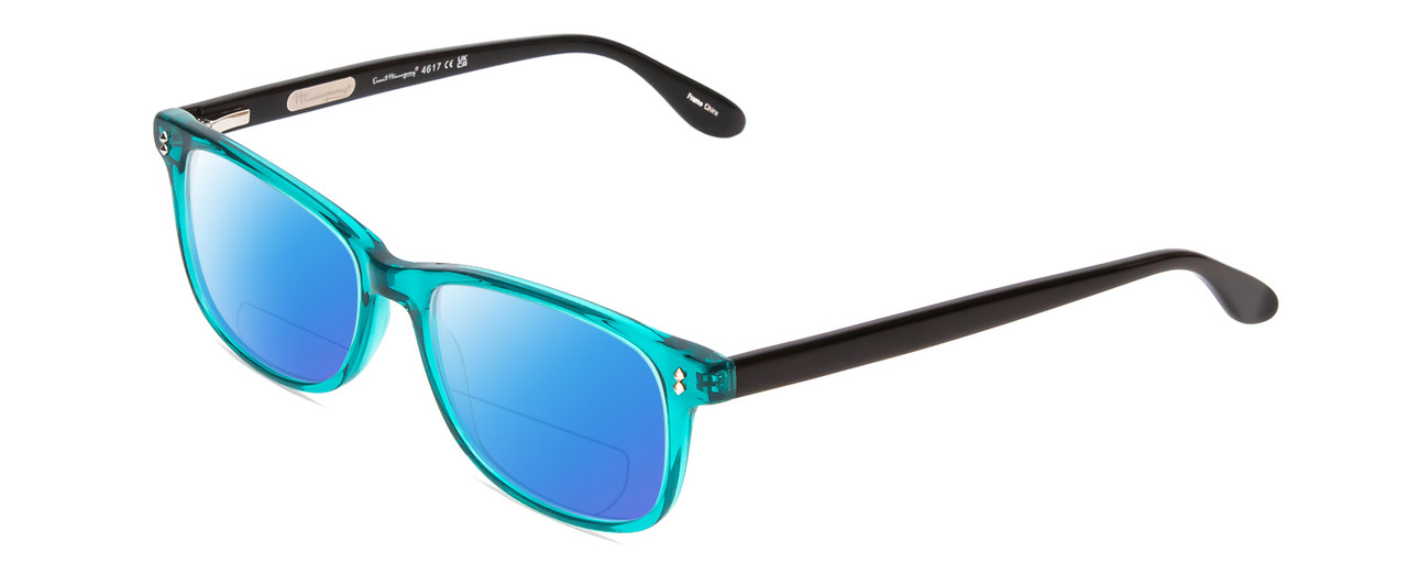 Profile View of Ernest Hemingway H4617 Designer Polarized Reading Sunglasses with Custom Cut Powered Blue Mirror Lenses in Shiny Teal Blue Black Unisex Cateye Full Rim Acetate 56 mm