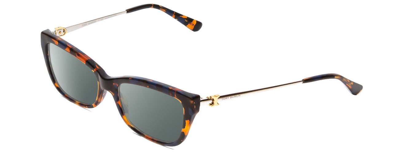 Profile View of Tory Burch TY2099 Designer Polarized Sunglasses with Custom Cut Smoke Grey Lenses in Amber Brown Caramel Blue Marble Tortoise Ladies Cateye Full Rim Acetate 51 mm