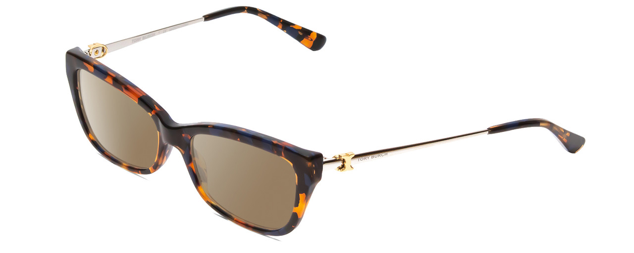 Profile View of Tory Burch TY2099 Designer Polarized Sunglasses with Custom Cut Amber Brown Lenses in Amber Brown Caramel Blue Marble Tortoise Ladies Cateye Full Rim Acetate 51 mm