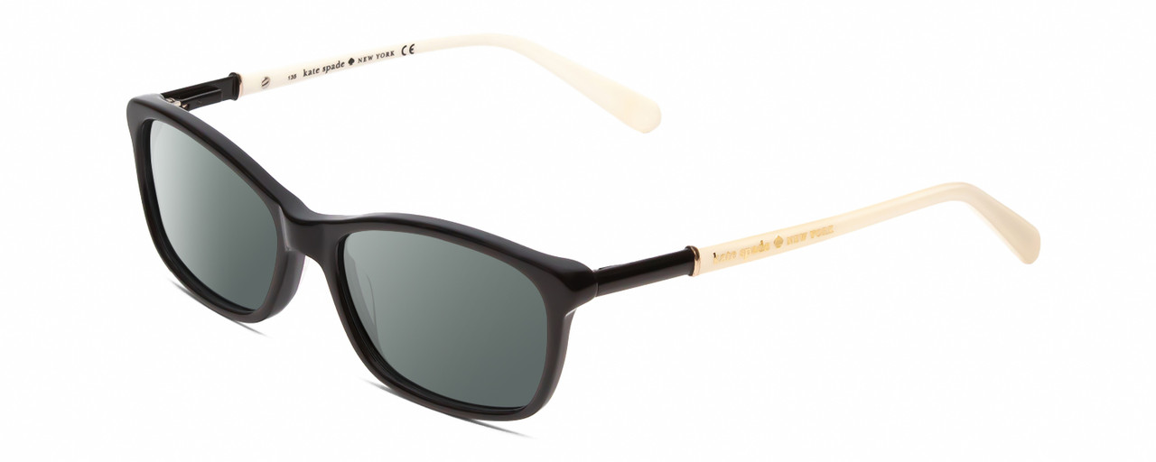 Profile View of Kate Spade CATRINA Designer Polarized Sunglasses with Custom Cut Smoke Grey Lenses in Black White Ladies Cateye Full Rim Acetate 51 mm