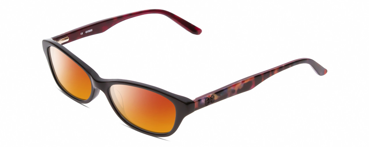 Profile View of Guess GU2417 Designer Polarized Sunglasses with Custom Cut Red Mirror Lenses in Black Multi-Color Marble Ladies Cateye Full Rim Acetate 52 mm