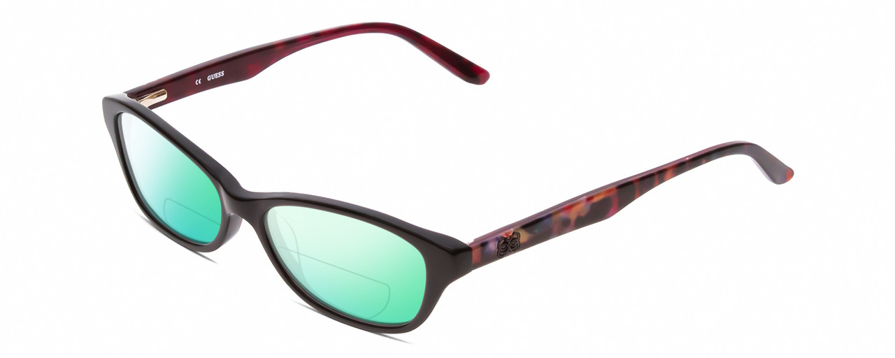 Profile View of Guess GU2417 Designer Polarized Reading Sunglasses with Custom Cut Powered Green Mirror Lenses in Black Multi-Color Marble Ladies Cateye Full Rim Acetate 52 mm