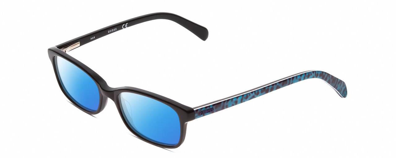 Profile View of Guess KIDS GU9158 Designer Polarized Sunglasses with Custom Cut Blue Mirror Lenses in Glossy Black Turquoise Cheetah Print Unisex Oval Full Rim Acetate 46 mm