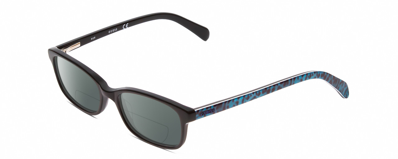 Profile View of Guess KIDS GU9158 Designer Polarized Reading Sunglasses with Custom Cut Powered Smoke Grey Lenses in Glossy Black Turquoise Cheetah Print Unisex Oval Full Rim Acetate 46 mm