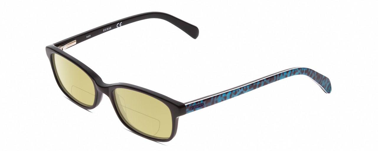 Profile View of Guess KIDS GU9158 Designer Polarized Reading Sunglasses with Custom Cut Powered Sun Flower Yellow Lenses in Glossy Black Turquoise Cheetah Print Unisex Oval Full Rim Acetate 46 mm