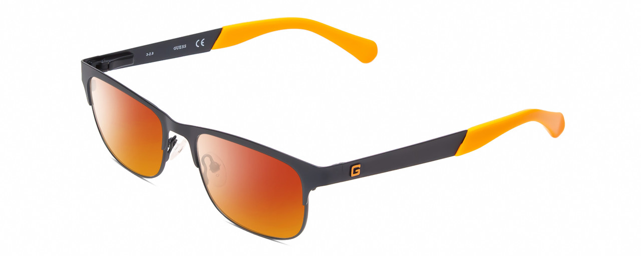 Profile View of Guess GU9168 Designer Polarized Sunglasses with Custom Cut Red Mirror Lenses in Matte Navy Blue Orange Tips Ladies Classic Full Rim Metal 48 mm