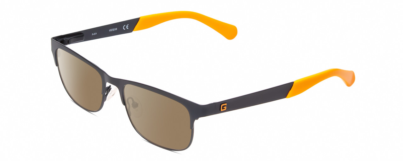 Profile View of Guess GU9168 Designer Polarized Sunglasses with Custom Cut Amber Brown Lenses in Matte Navy Blue Orange Tips Ladies Classic Full Rim Metal 48 mm