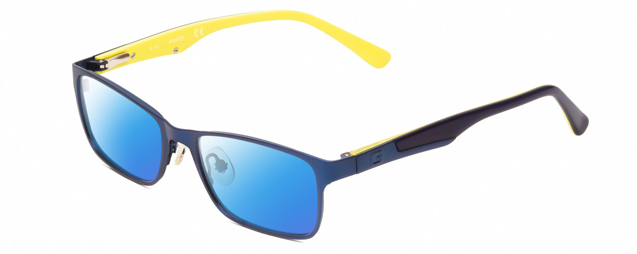 Profile View of Guess GU9173 Designer Polarized Sunglasses with Custom Cut Blue Mirror Lenses in Matte Navy Blue Yellow Unisex Rectangle Full Rim Metal 47 mm