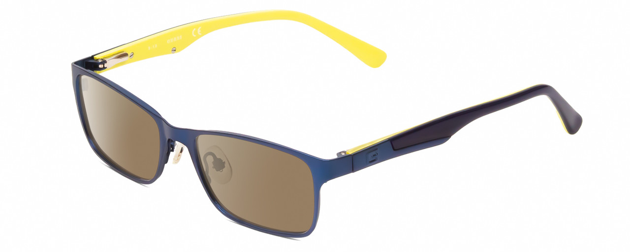 Profile View of Guess GU9173 Designer Polarized Sunglasses with Custom Cut Amber Brown Lenses in Matte Navy Blue Yellow Unisex Rectangle Full Rim Metal 47 mm