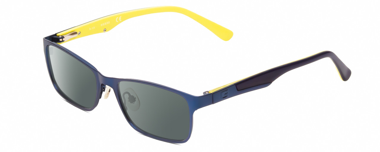 Profile View of Guess GU9173 Designer Polarized Sunglasses with Custom Cut Smoke Grey Lenses in Matte Navy Blue Yellow Unisex Rectangle Full Rim Metal 47 mm