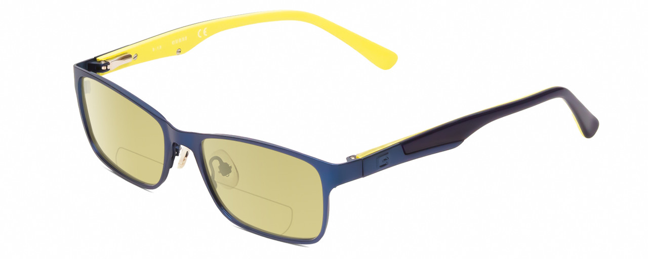 Profile View of Guess GU9173 Designer Polarized Reading Sunglasses with Custom Cut Powered Sun Flower Yellow Lenses in Matte Navy Blue Yellow Unisex Rectangle Full Rim Metal 47 mm