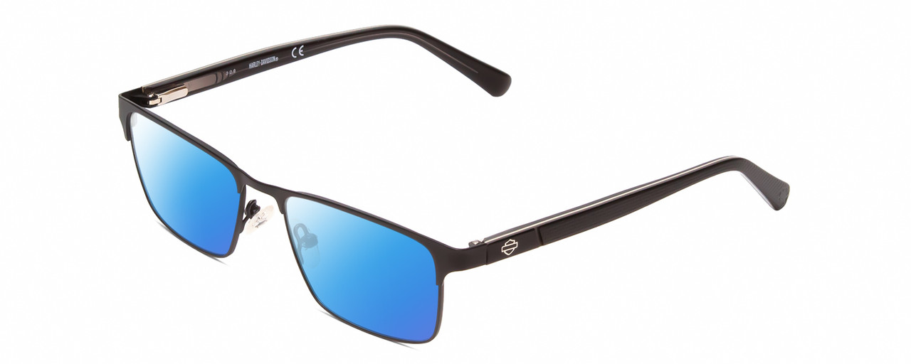 Profile View of Harley Davidson HD0132T Designer Polarized Sunglasses with Custom Cut Blue Mirror Lenses in Matte Black Unisex Square Full Rim Metal 49 mm