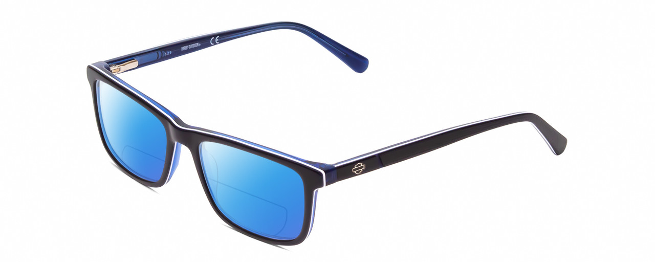 Profile View of Harley Davidson HD0133T Designer Polarized Reading Sunglasses with Custom Cut Powered Blue Mirror Lenses in Navy Blue White Triple Layer Unisex Square Full Rim Acetate 47 mm