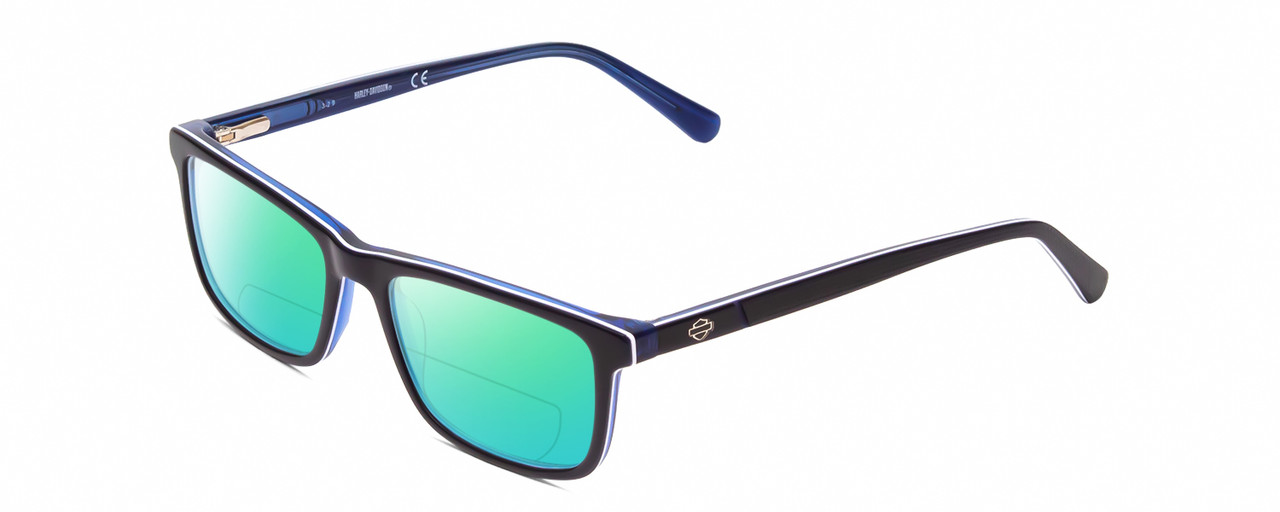 Profile View of Harley Davidson HD0133T Designer Polarized Reading Sunglasses with Custom Cut Powered Green Mirror Lenses in Navy Blue White Triple Layer Unisex Square Full Rim Acetate 47 mm