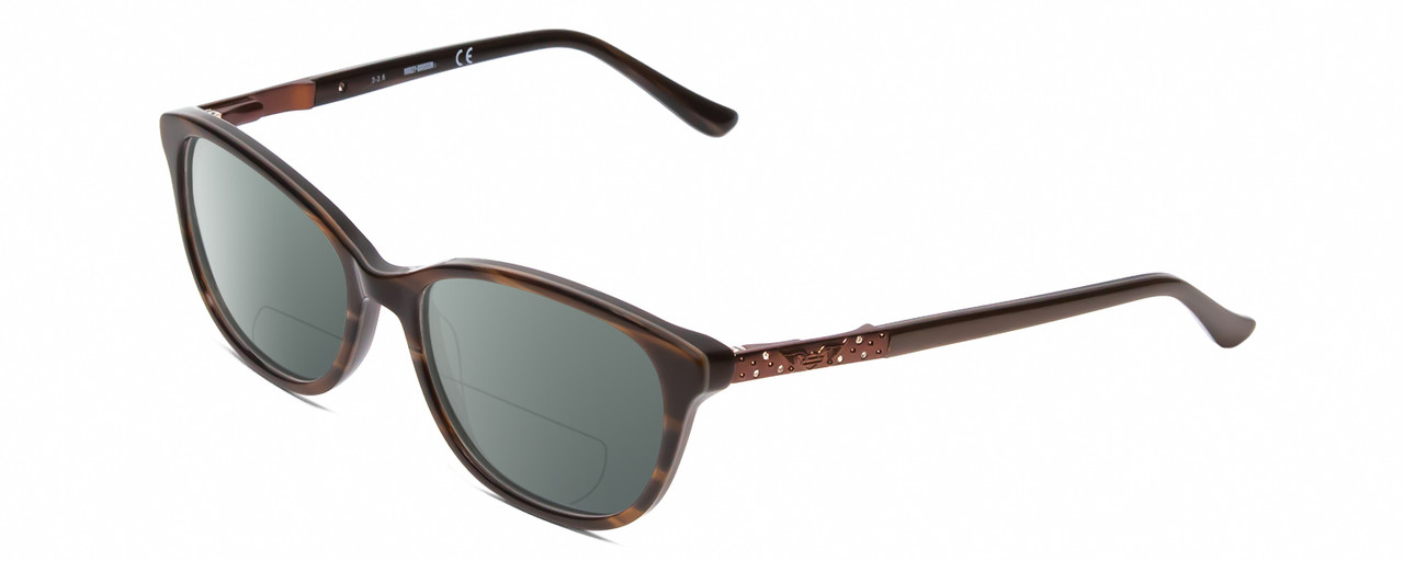 Profile View of Harley Davidson HD0523 Designer Polarized Reading Sunglasses with Custom Cut Powered Smoke Grey Lenses in Tortoise Havana Gold Brown Ladies Classic Full Rim Acetate 52 mm