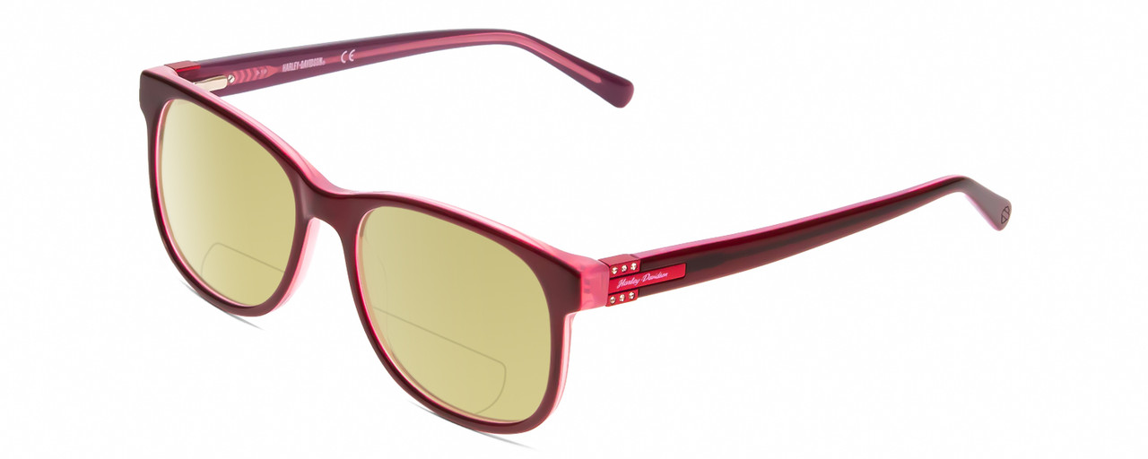 Profile View of Harley Davidson HD0546 Designer Polarized Reading Sunglasses with Custom Cut Powered Sun Flower Yellow Lenses in Burgundy Red Rose Pink Ladies Classic Full Rim Acetate 53 mm