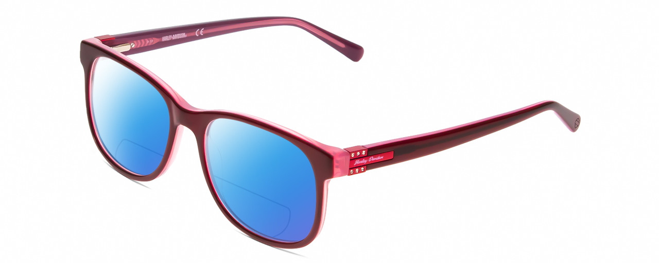 Profile View of Harley Davidson HD0546 Designer Polarized Reading Sunglasses with Custom Cut Powered Blue Mirror Lenses in Burgundy Red Rose Pink Ladies Classic Full Rim Acetate 53 mm