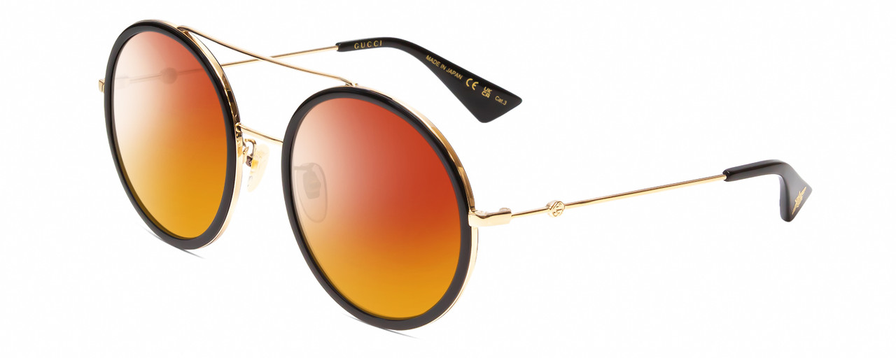 Profile View of Gucci GG0061S Designer Polarized Sunglasses with Custom Cut Red Mirror Lenses in Gold/Black Ladies Round Full Rim Metal 56 mm