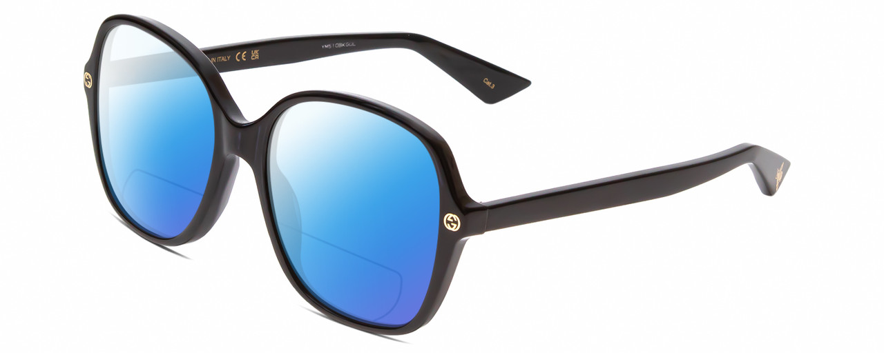 Profile View of Gucci GG0092S Designer Polarized Reading Sunglasses with Custom Cut Powered Blue Mirror Lenses in Black Ladies Oversized Full Rim Acetate 55 mm