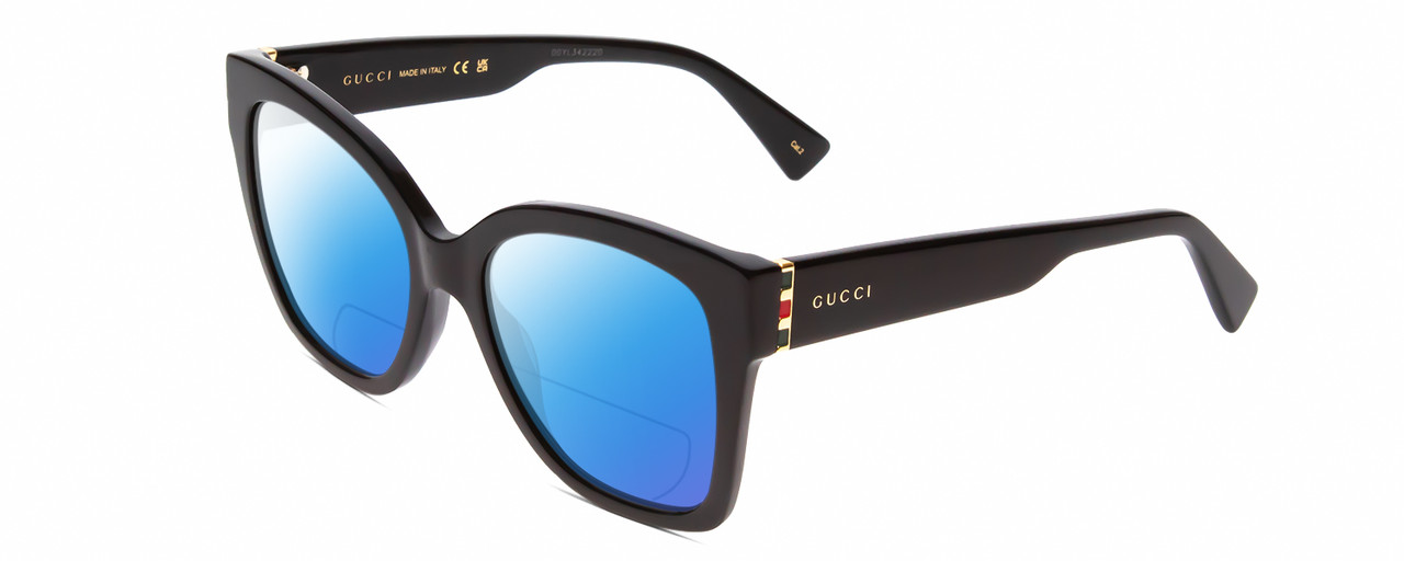 Profile View of Gucci GG0459S Designer Polarized Reading Sunglasses with Custom Cut Powered Blue Mirror Lenses in Gloss Black Ladies Cateye Full Rim Acetate 54 mm