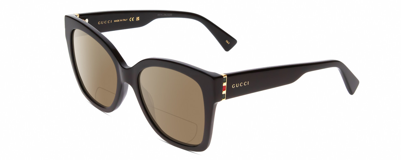 Profile View of Gucci GG0459S Designer Polarized Reading Sunglasses with Custom Cut Powered Amber Brown Lenses in Gloss Black Ladies Cateye Full Rim Acetate 54 mm