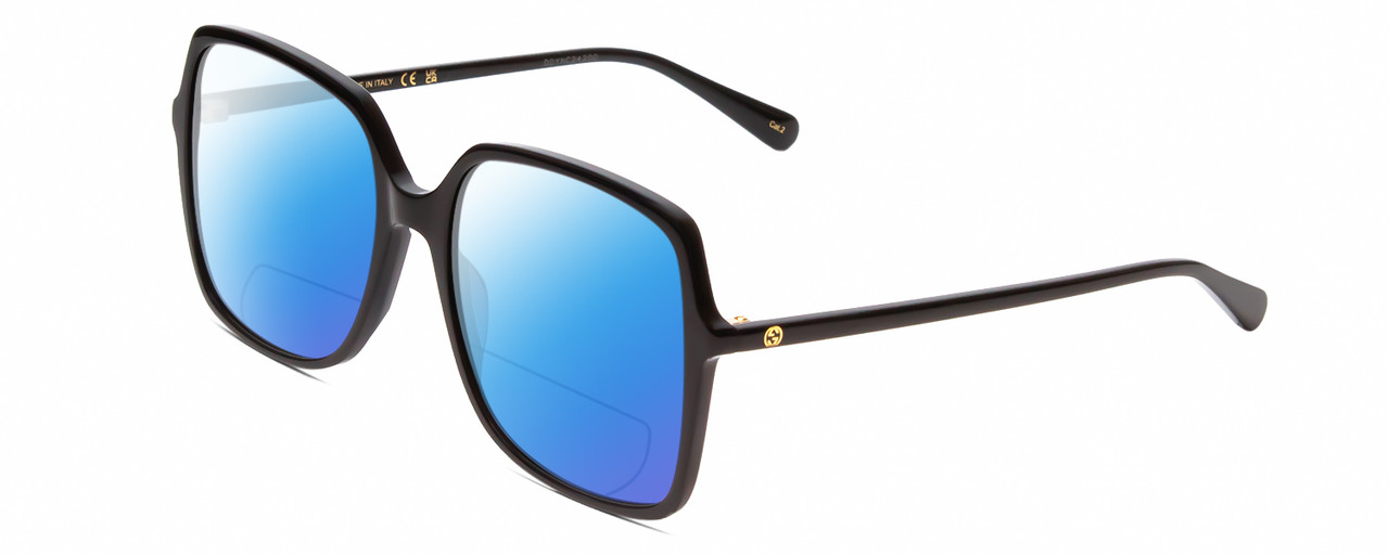 Profile View of Gucci GG0544S Designer Polarized Reading Sunglasses with Custom Cut Powered Blue Mirror Lenses in Gloss Black Ladies Square Full Rim Acetate 57 mm