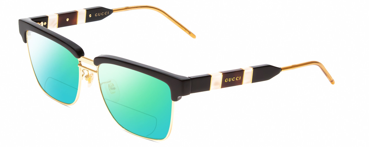 Profile View of Gucci GG0603S Designer Polarized Reading Sunglasses with Custom Cut Powered Green Mirror Lenses in Black/Gold Unisex Cateye Semi-Rimless Metal 56 mm