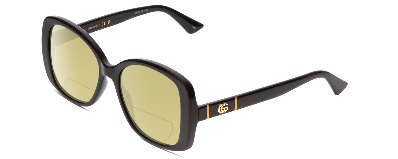 Profile View of Gucci GG0762S Designer Polarized Reading Sunglasses with Custom Cut Powered Sun Flower Yellow Lenses in Black Ladies Oversized Full Rim Acetate 56 mm