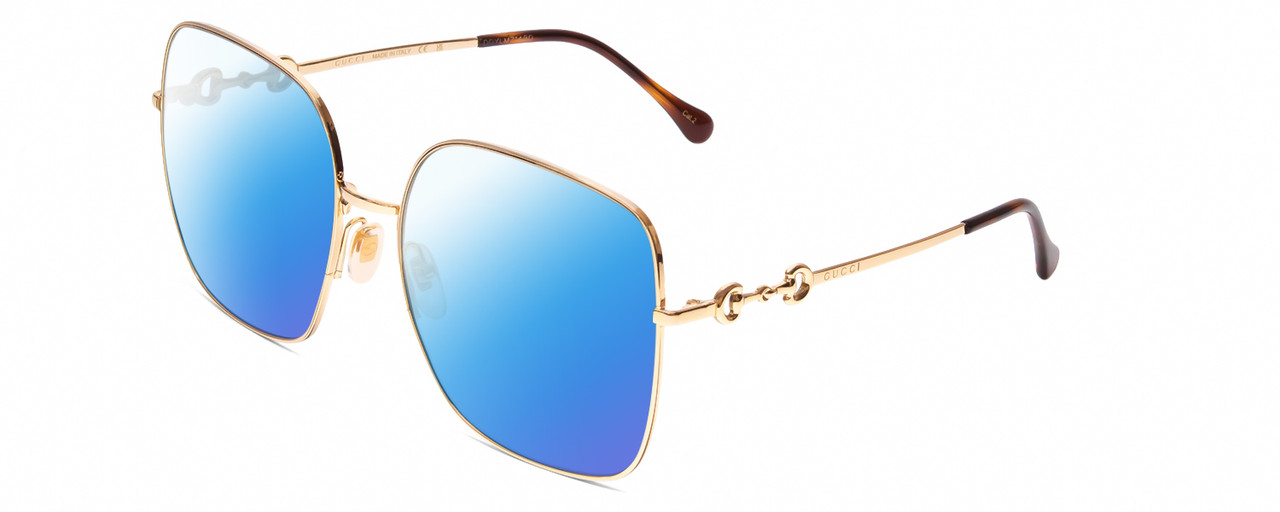 Profile View of Gucci GG0879S Designer Polarized Sunglasses with Custom Cut Blue Mirror Lenses in Gold/Tortoise Havana Ladies Square Full Rim Metal 61 mm