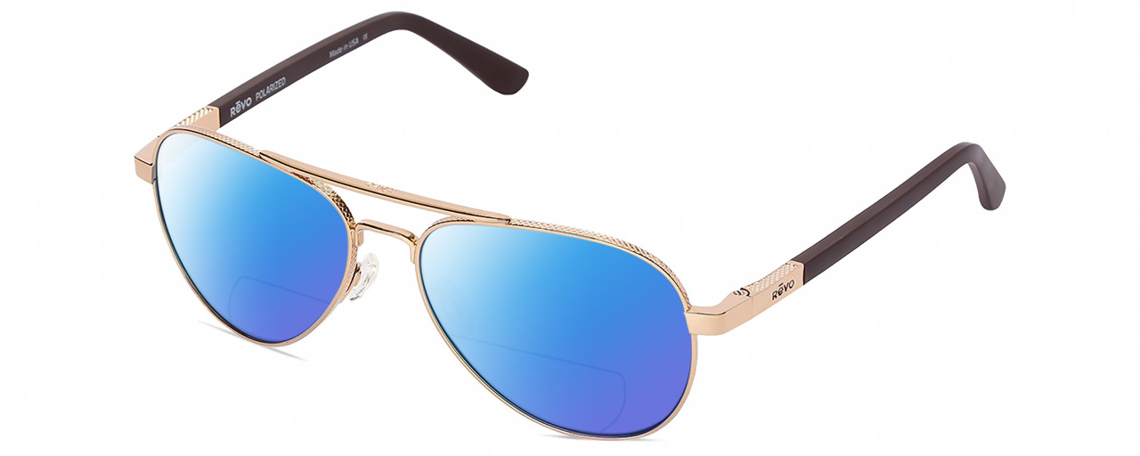 Profile View of REVO Raconteur Designer Polarized Reading Sunglasses with Custom Cut Powered Blue Mirror Lenses in Gold Unisex Pilot Full Rim Metal 58 mm